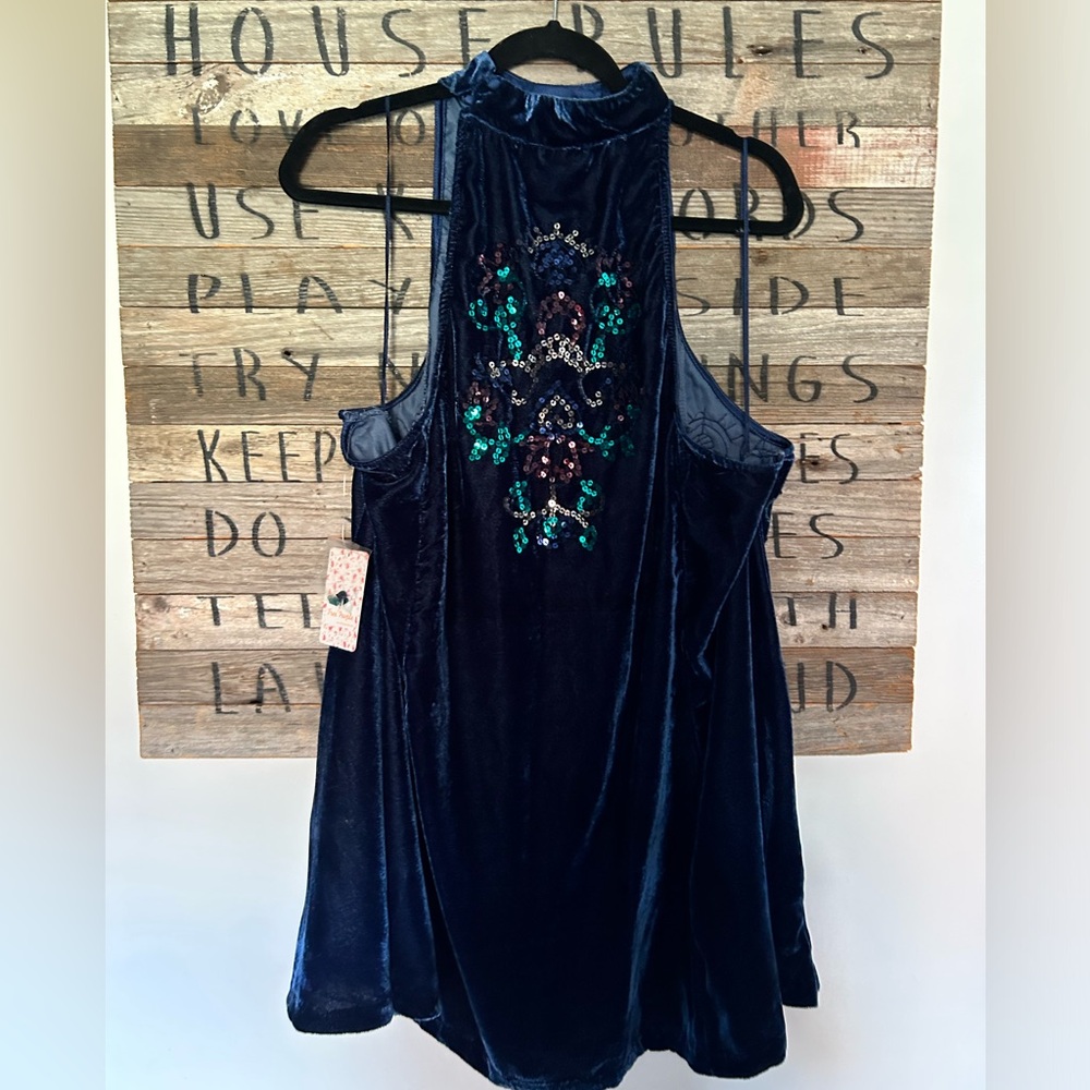 Free People Jill's Sequin Swing Velvet Dress in Blue Combo Small